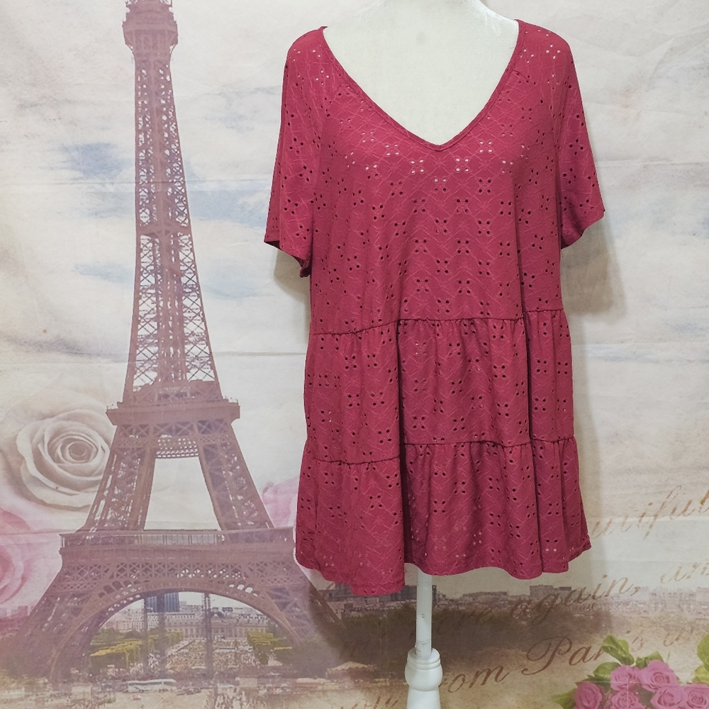 Emery Rose Pink Eyelet V-Neck Tiered Top